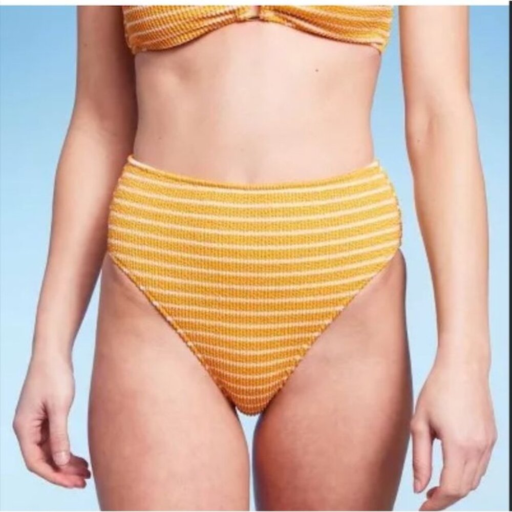 SHADE & SHORE BIKINI BOTTOM PUCKER HIGH WAIST CHEEKY XL ORANGE STRIPE NWT